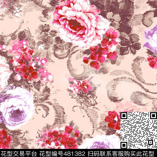 红色搭配三色花卉简约大方传统印花华亿平台下载（图片编号: 481382） - 瓦栏（Walan）