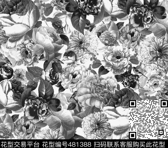 花卉灰白素色传统印花华亿平台下载（图片编号: 481388） - 瓦栏（Walan）