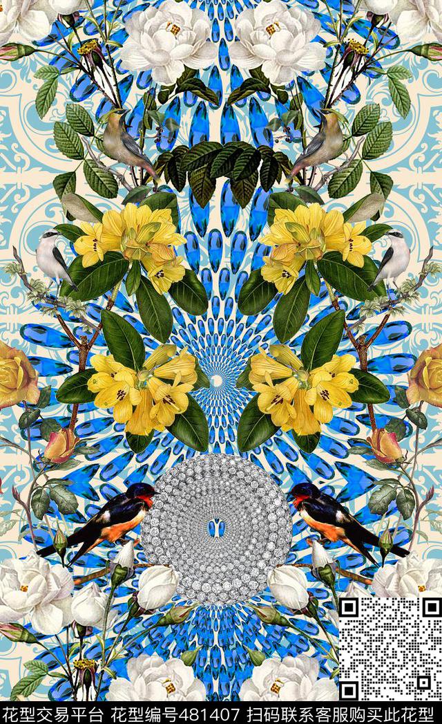 潮流时尚大牌定位复古花鸟数码印花华亿平台下载（图片编号: 481407） - 瓦栏（Walan）