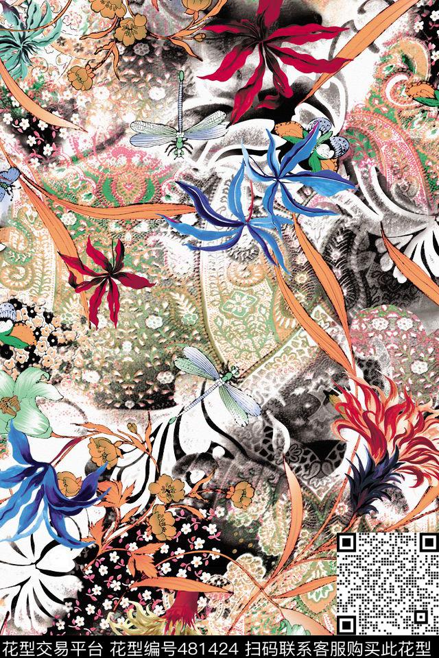 佩斯利花纹蜻蜓花朵数码印花华亿平台下载（图片编号: 481424） - 瓦栏（Walan）