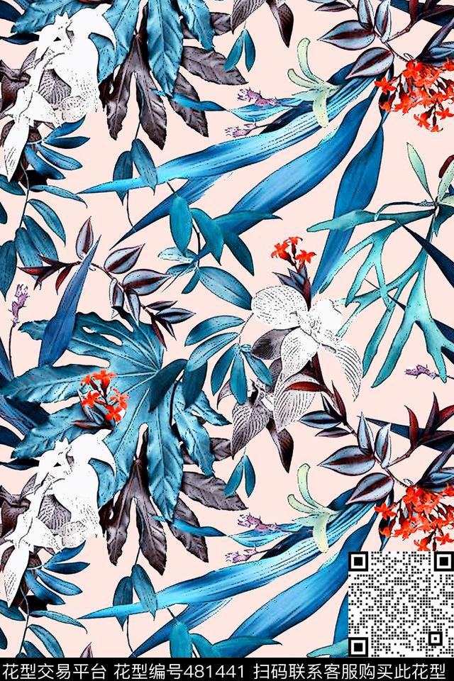 叶子蝴蝶花纯色底满花手绘叶子数码印花华亿平台下载（图片编号: 481441） - 瓦栏（Walan）