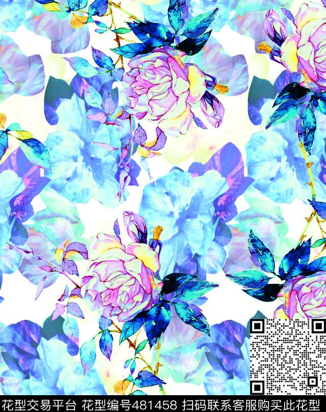 流行时尚手绘花卉欧美数码印花华亿平台下载（图片编号: 481458） - 瓦栏（Walan）