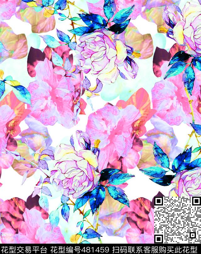流行时尚手绘花卉欧美数码印花华亿平台下载（图片编号: 481459） - 瓦栏（Walan）