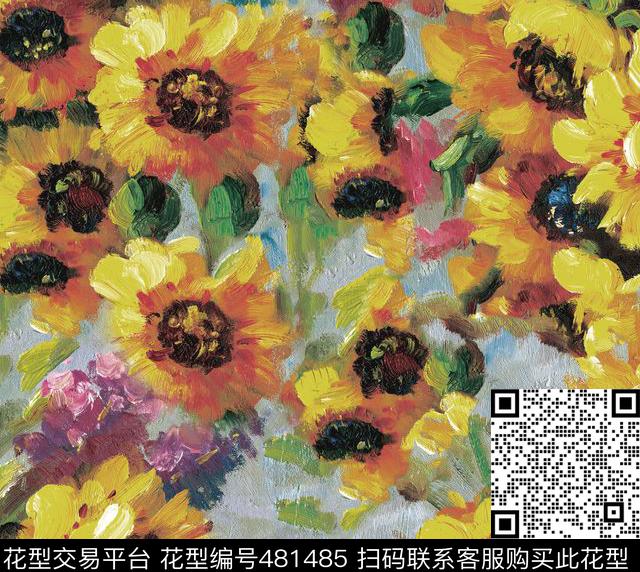 手绘向日葵油画彩绘数码印花华亿平台下载（图片编号: 481485） - 瓦栏（Walan）