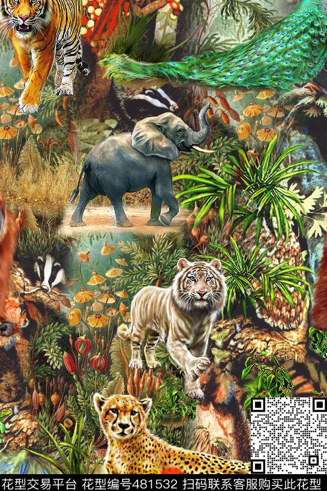 热带手绘动物风景数码印花华亿平台下载（图片编号: 481532） - 瓦栏（Walan）