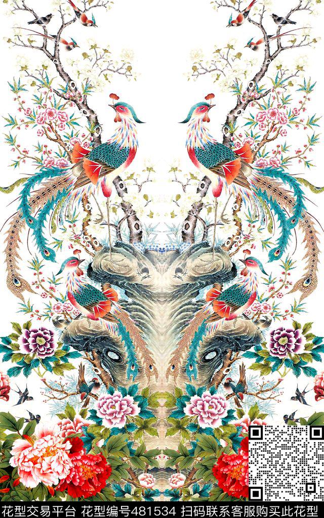 中国风手绘花鸟国画山水数码印花华亿平台下载（图片编号: 481534） - 瓦栏（Walan）