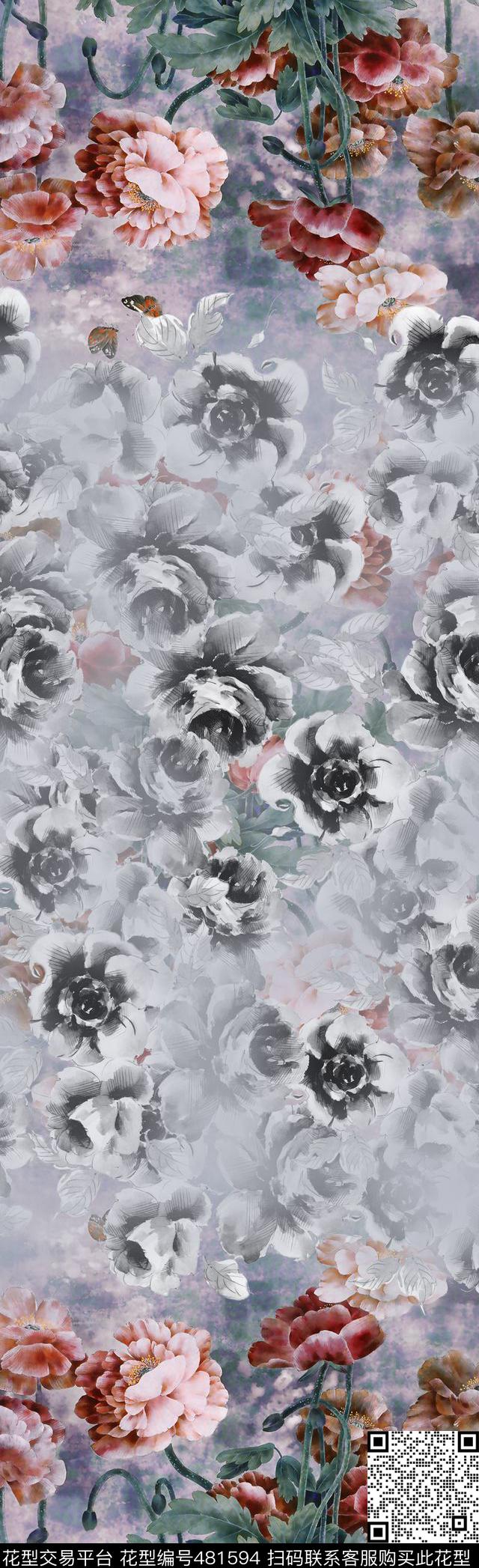 底纹芙蓉花玫瑰花国画数码印花华亿平台下载（图片编号: 481594） - 瓦栏（Walan）
