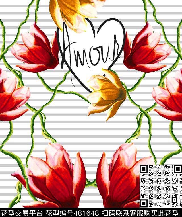 流行时尚欧美仙客来条纹花卉数码印花华亿平台下载（图片编号: 481648） - 瓦栏（Walan）