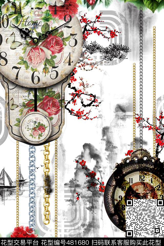 大牌秋冬装沙发布花卉钟表中国风数码印花华亿平台下载（图片编号: 481680） - 瓦栏（Walan）