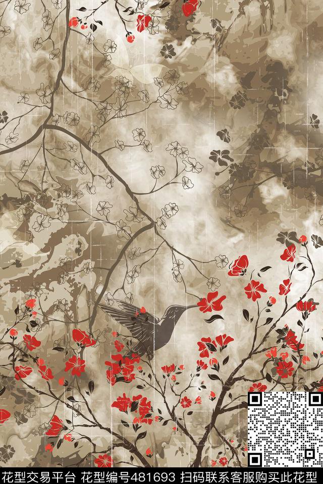 复古民族水墨花鸟女士服装面料华亿平台数码印花华亿平台下载（图片编号: 481693） - 瓦栏（Walan）