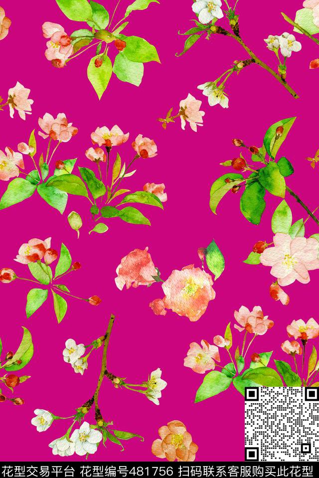 水彩清新清爽花卉桃花手绘数码印花华亿平台下载（图片编号: 481756） - 瓦栏（Walan）