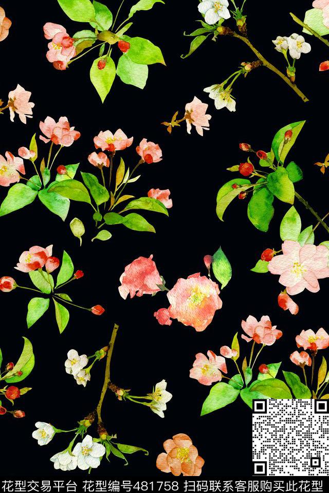 花卉桃花水彩清新清爽手绘数码印花华亿平台下载（图片编号: 481758） - 瓦栏（Walan）
