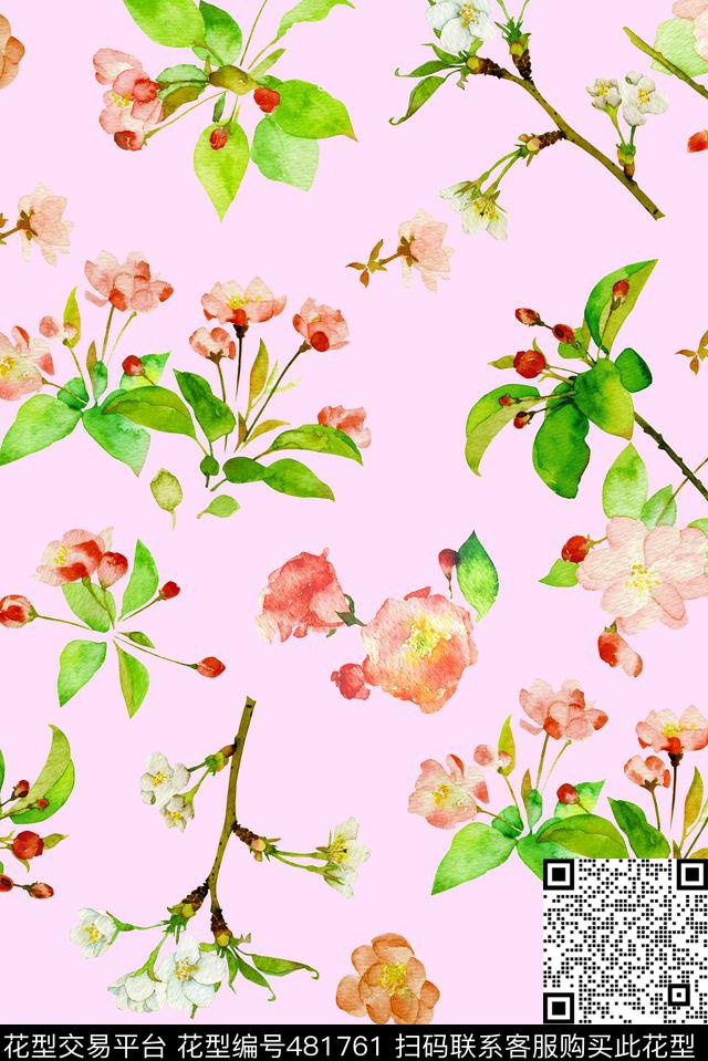 水彩清新清爽花卉桃花手绘数码印花华亿平台下载（图片编号: 481761） - 瓦栏（Walan）
