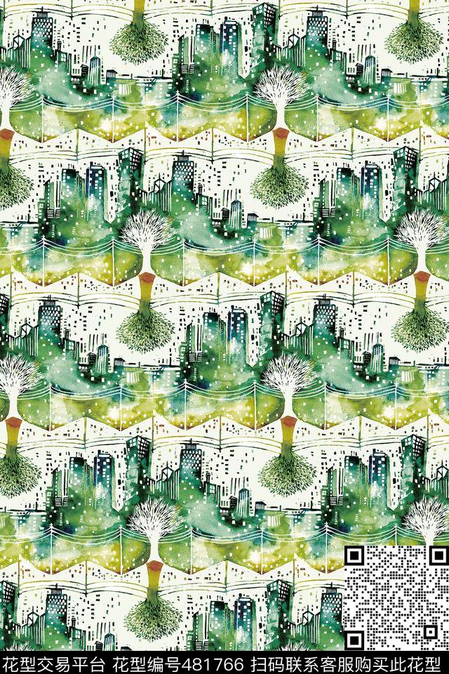 城市水彩数码印花华亿平台下载（图片编号: 481766） - 瓦栏（Walan）