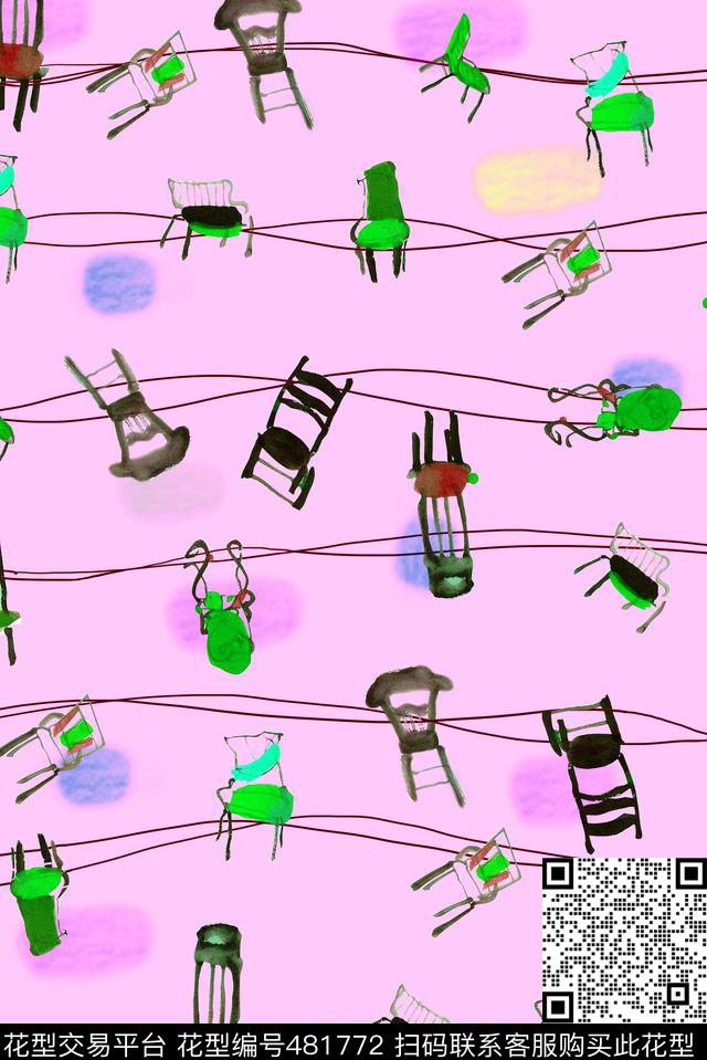 个性俏皮手绘个性俏皮水墨椅子手绘数码印花华亿平台下载（图片编号: 481772） - 瓦栏（Walan）