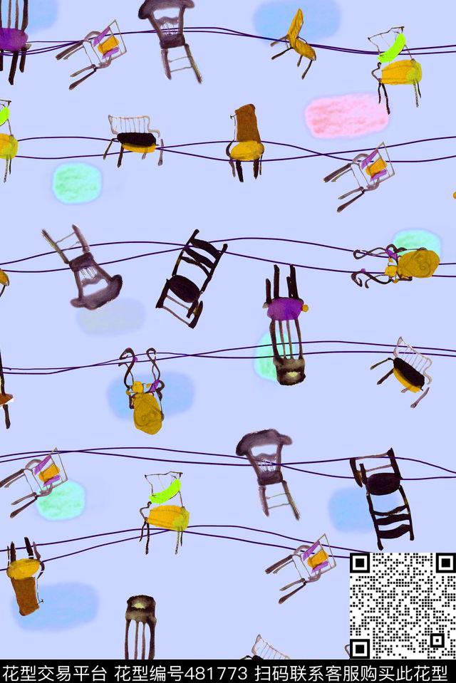 个性俏皮手绘个性俏皮水墨椅子手绘数码印花华亿平台下载（图片编号: 481773） - 瓦栏（Walan）