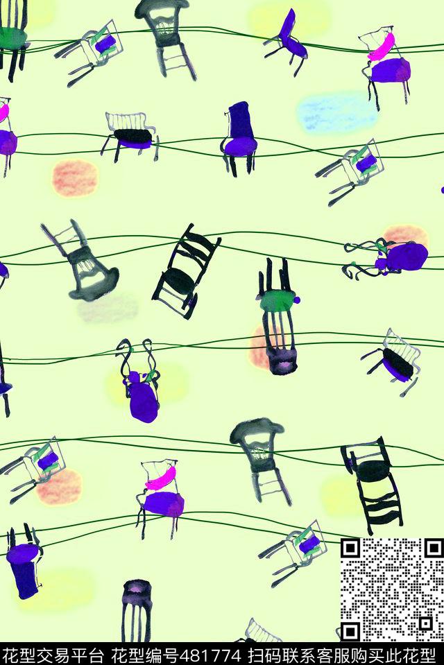 个性俏皮手绘个性俏皮水墨椅子手绘数码印花华亿平台下载（图片编号: 481774） - 瓦栏（Walan）