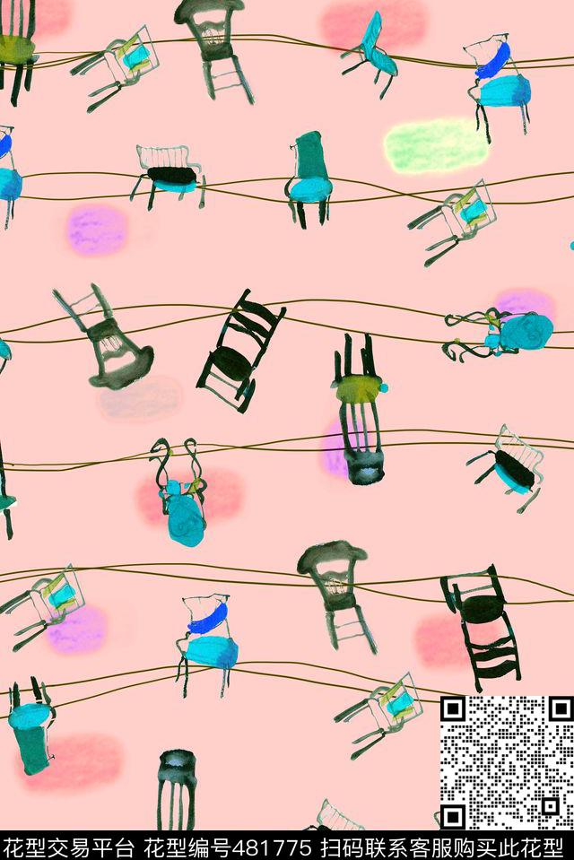 个性俏皮手绘个性俏皮水墨椅子手绘数码印花华亿平台下载（图片编号: 481775） - 瓦栏（Walan）