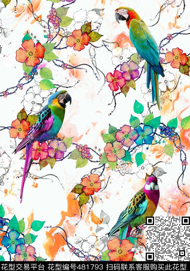 时尚藤蔓鹦鹉数码印花华亿平台下载（图片编号: 481793） - 瓦栏（Walan）
