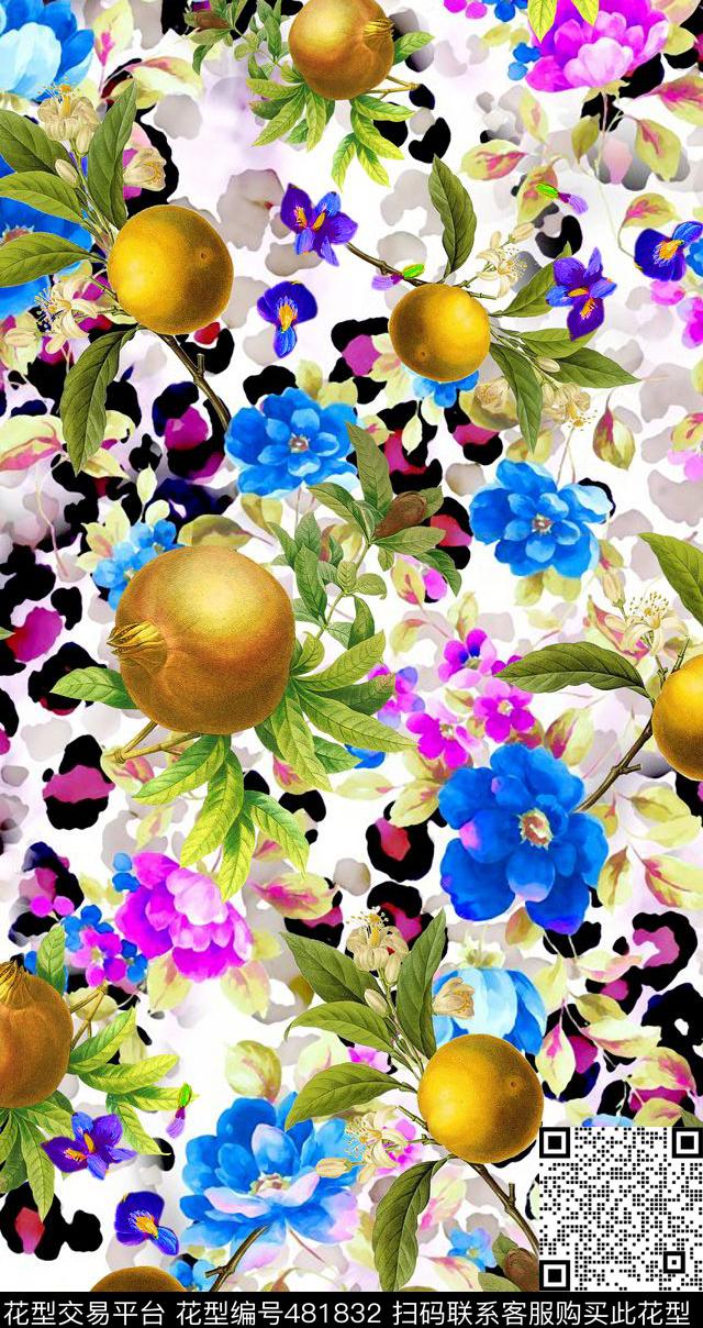 夏日风情手绘水果豹纹花卉数码印花华亿平台下载（图片编号: 481832） - 瓦栏（Walan）