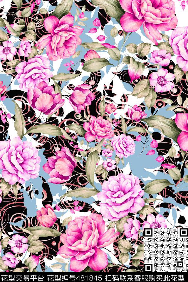 花卉几何花朵数码印花华亿平台下载（图片编号: 481845） - 瓦栏（Walan）