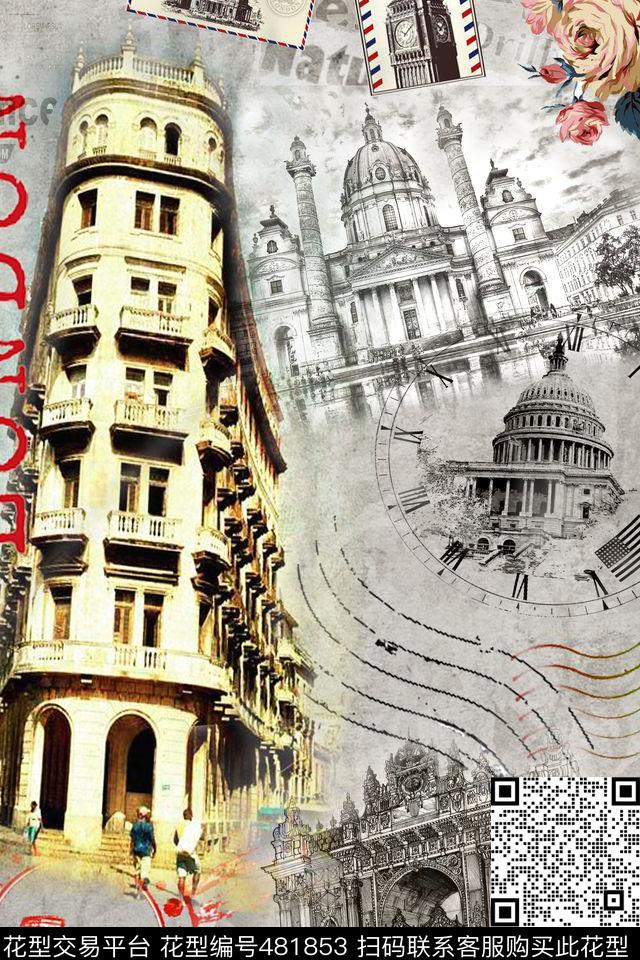 欧式风格建筑、印章花数码印花华亿平台下载（图片编号: 481853） - 瓦栏（Walan）
