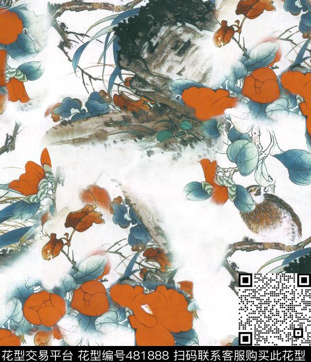 中国风花鸟图橙色数码印花华亿平台下载（图片编号: 481888） - 瓦栏（Walan）