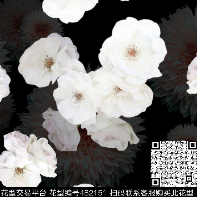 白色花朵时尚小清新数码印花华亿平台下载（图片编号: 482151） - 瓦栏（Walan）