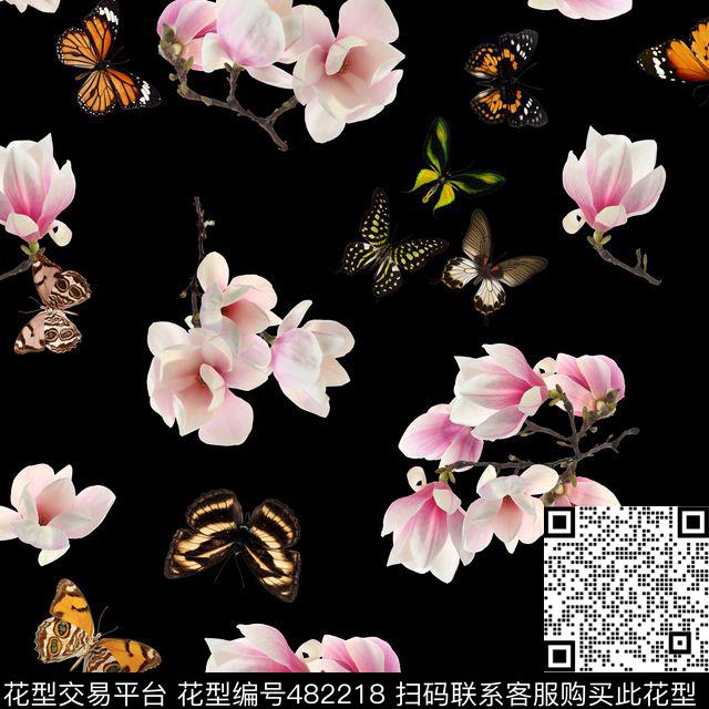 花卉风格玉兰花、大牌华亿平台、蝴蝶花草树木数码印花华亿平台下载（图片编号: 482218） - 瓦栏（Walan）