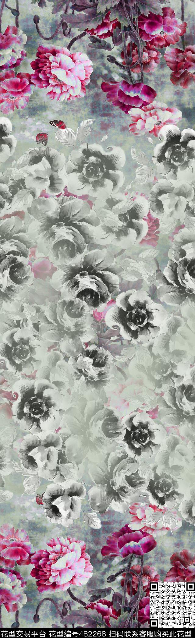 底纹芙蓉花玫瑰花国画数码印花华亿平台下载（图片编号: 482268） - 瓦栏（Walan）
