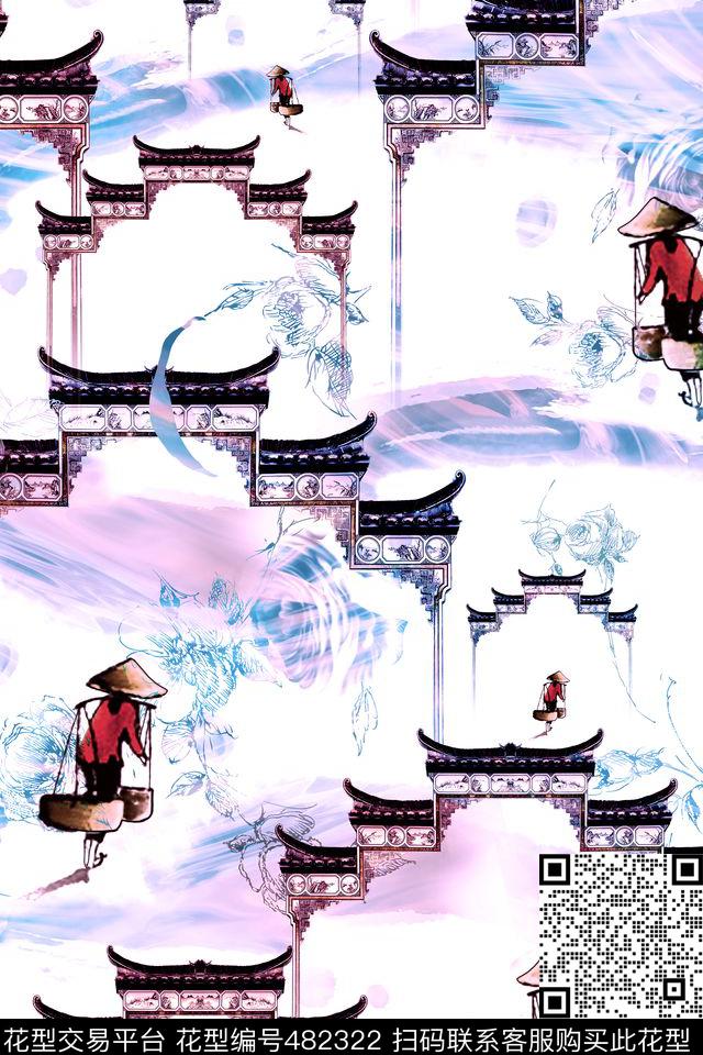 水彩建筑水墨数码印花华亿平台下载（图片编号: 482322） - 瓦栏（Walan）