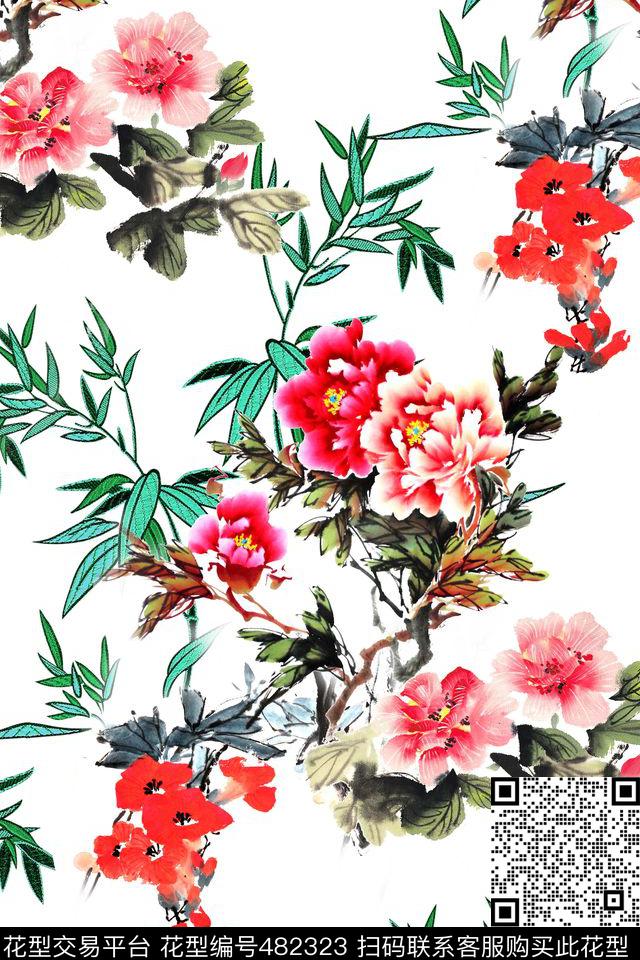 中国风花卉纯色底数码印花华亿平台下载（图片编号: 482323） - 瓦栏（Walan）
