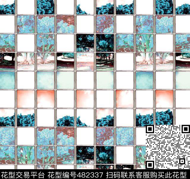 大树风景格子数码印花华亿平台下载（图片编号: 482337） - 瓦栏（Walan）