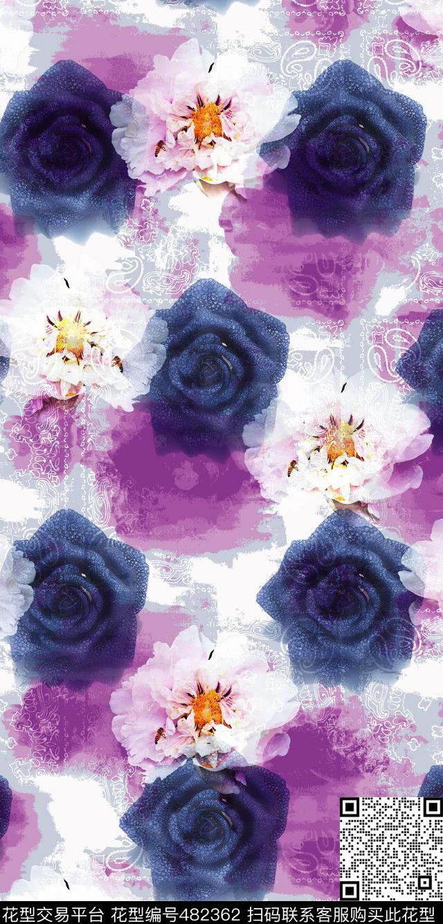 甜美数码花卉珠宝纹理佩斯利底纹数码印花华亿平台下载（图片编号: 482362） - 瓦栏（Walan）