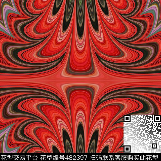 对称红色曲线数码印花华亿平台下载（图片编号: 482397） - 瓦栏（Walan）