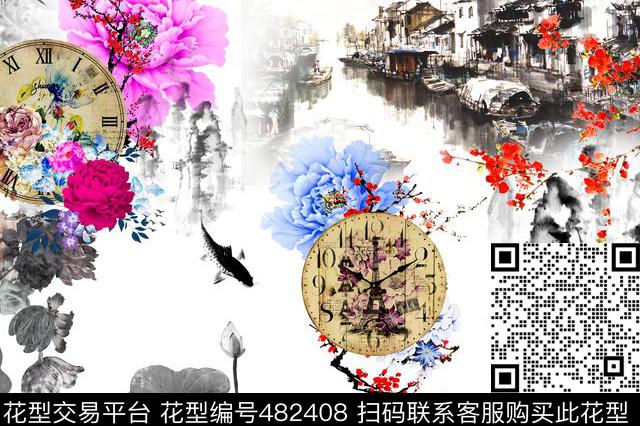 中国风水墨画花卉沙发面料窗帘数码印花华亿平台下载（图片编号: 482408） - 瓦栏（Walan）