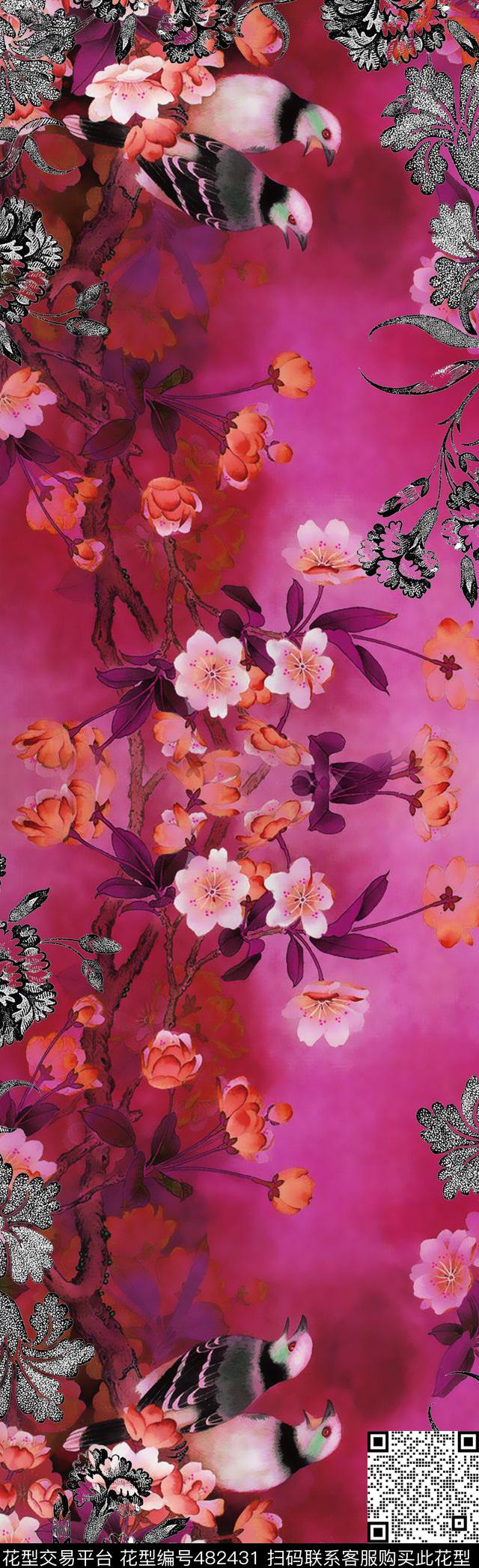底纹花鸟中国风数码印花华亿平台下载（图片编号: 482431） - 瓦栏（Walan）