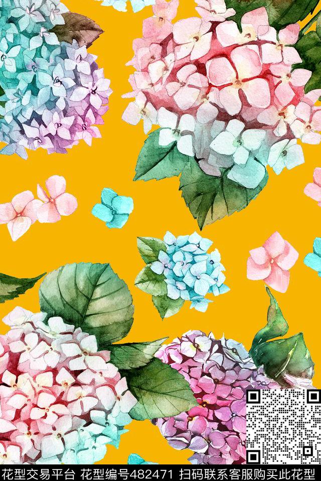 手绘清新雅致花卉手绘数码印花华亿平台下载（图片编号: 482471） - 瓦栏（Walan）