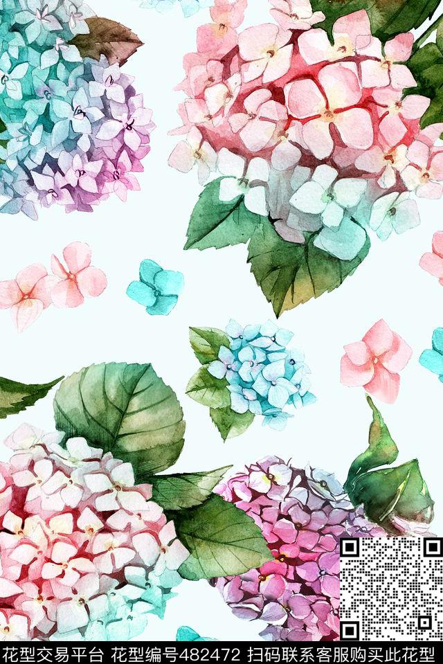 手绘清新雅致花卉手绘数码印花华亿平台下载（图片编号: 482472） - 瓦栏（Walan）