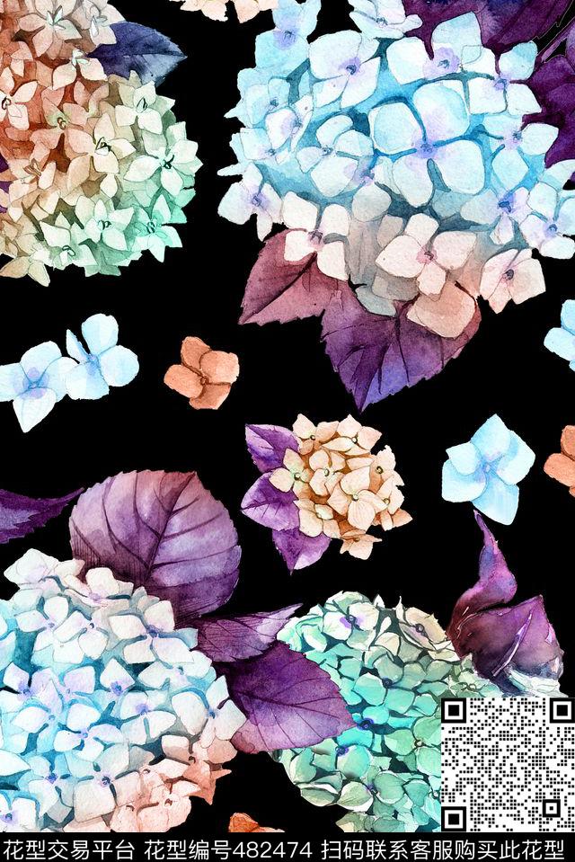 手绘清新雅致花卉手绘数码印花华亿平台下载（图片编号: 482474） - 瓦栏（Walan）