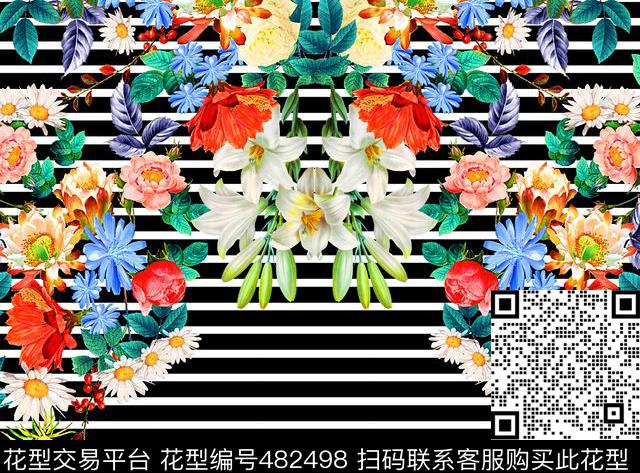 流行时尚欧美条纹手绘定位花数码印花华亿平台下载（图片编号: 482498） - 瓦栏（Walan）