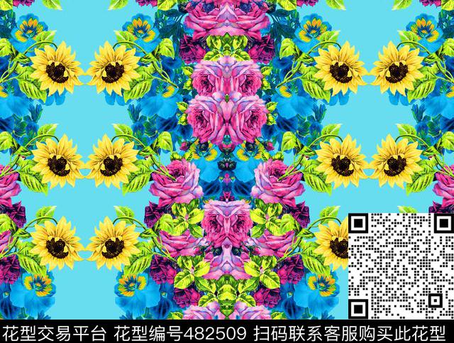 流行时尚欧美手绘向日葵花卉数码印花华亿平台下载（图片编号: 482509） - 瓦栏（Walan）