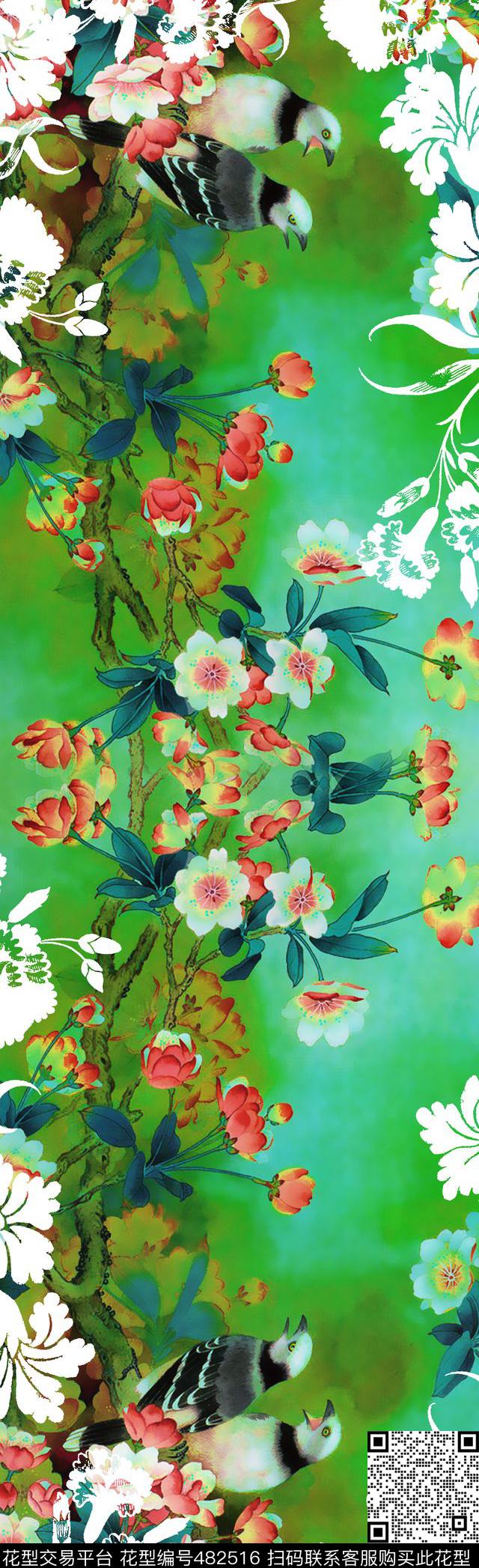 底纹花鸟中国风数码印花华亿平台下载（图片编号: 482516） - 瓦栏（Walan）