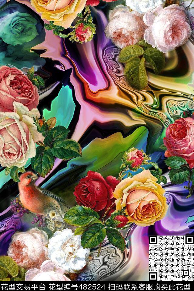 绚丽时尚花卉抽象底纹数码印花华亿平台下载（图片编号: 482524） - 瓦栏（Walan）