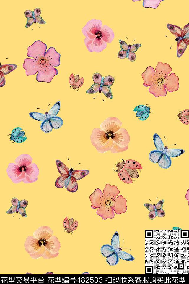 清新水彩蝴蝶水彩花卉数码印花华亿平台下载（图片编号: 482533） - 瓦栏（Walan）