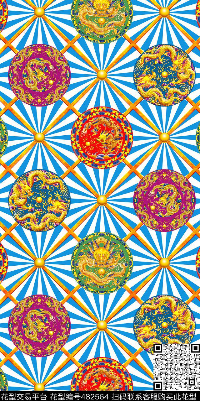 几何龙纹中国风数码印花华亿平台下载（图片编号: 482564） - 瓦栏（Walan）