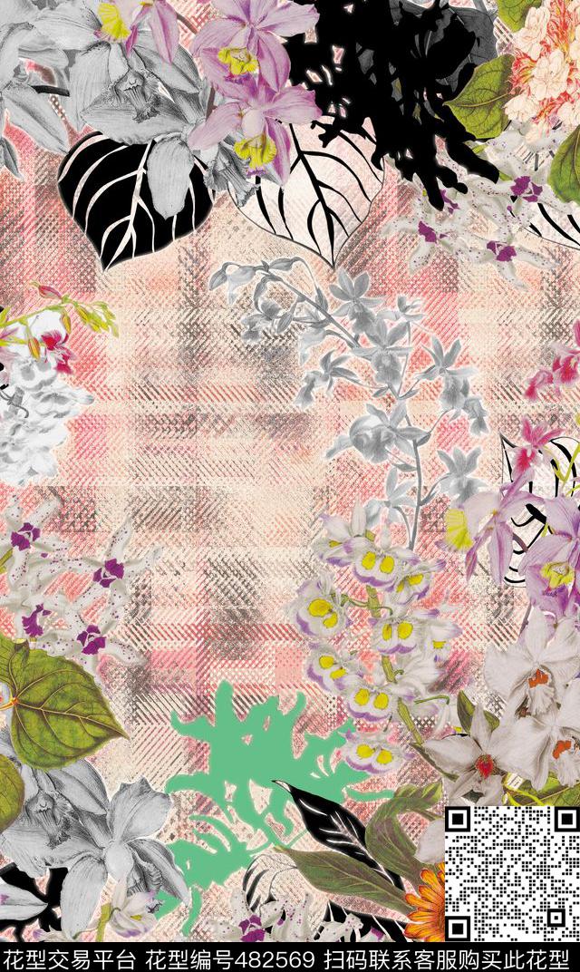 花卉格子植物数码印花华亿平台下载（图片编号: 482569） - 瓦栏（Walan）