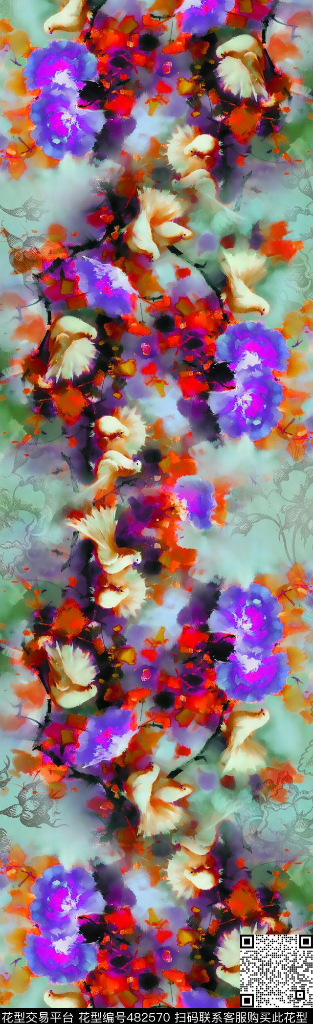 中国风鸽子花鸟丝巾数码印花华亿平台下载（图片编号: 482570） - 瓦栏（Walan）