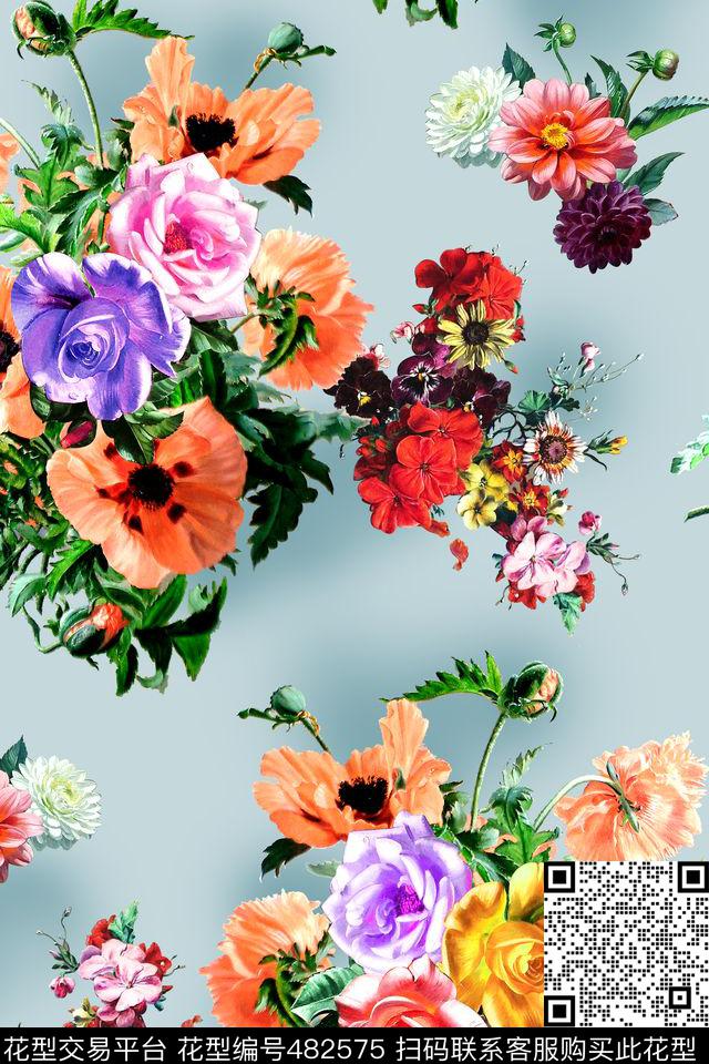 时尚手绘花卉数码印花华亿平台下载（图片编号: 482575） - 瓦栏（Walan）