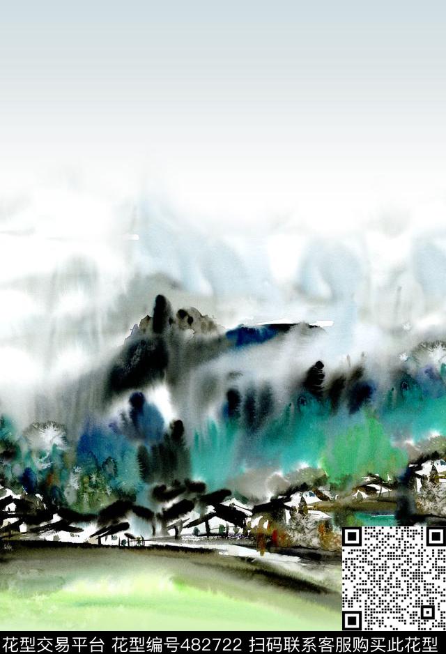 绿色调水彩风景写意风格数码印花华亿平台下载（图片编号: 482722） - 瓦栏（Walan）
